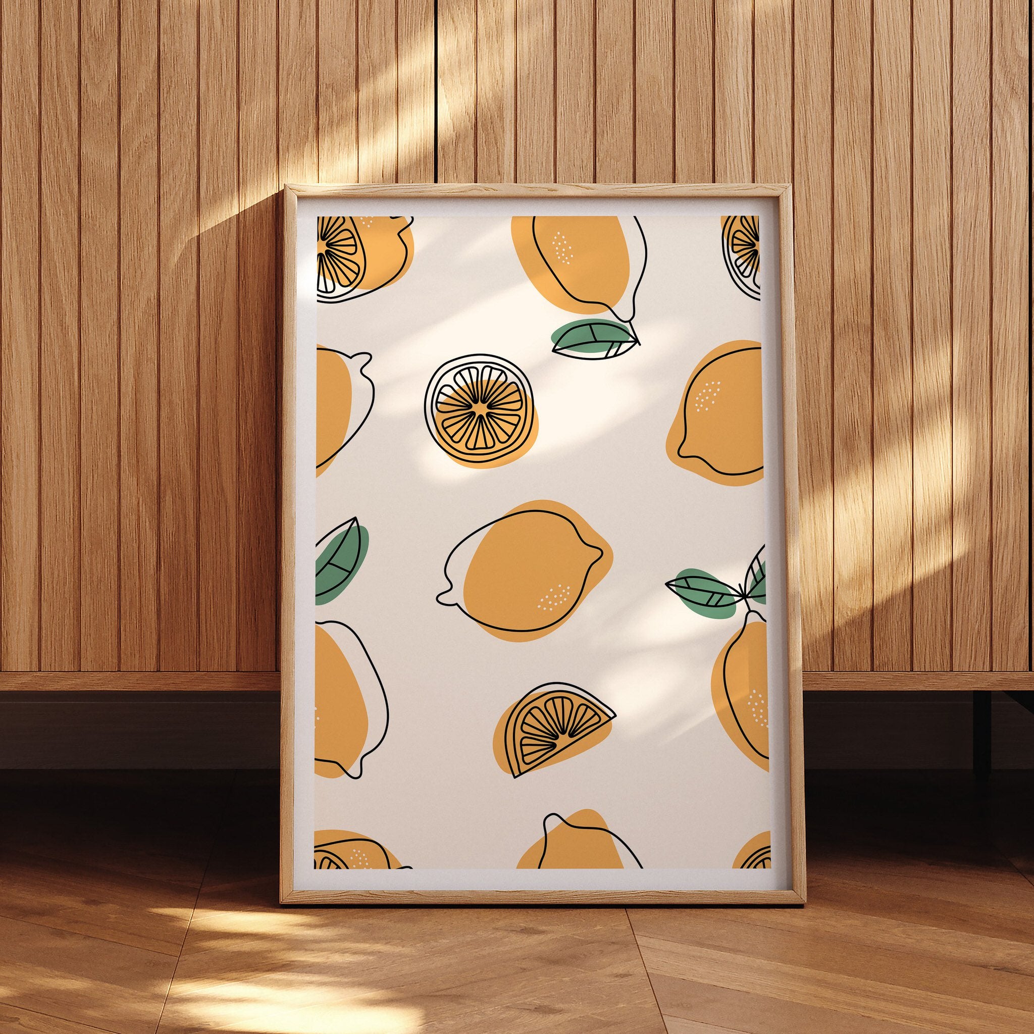 Fresh lemon pattern poster for kitchen or dining room decor with a citrus theme.