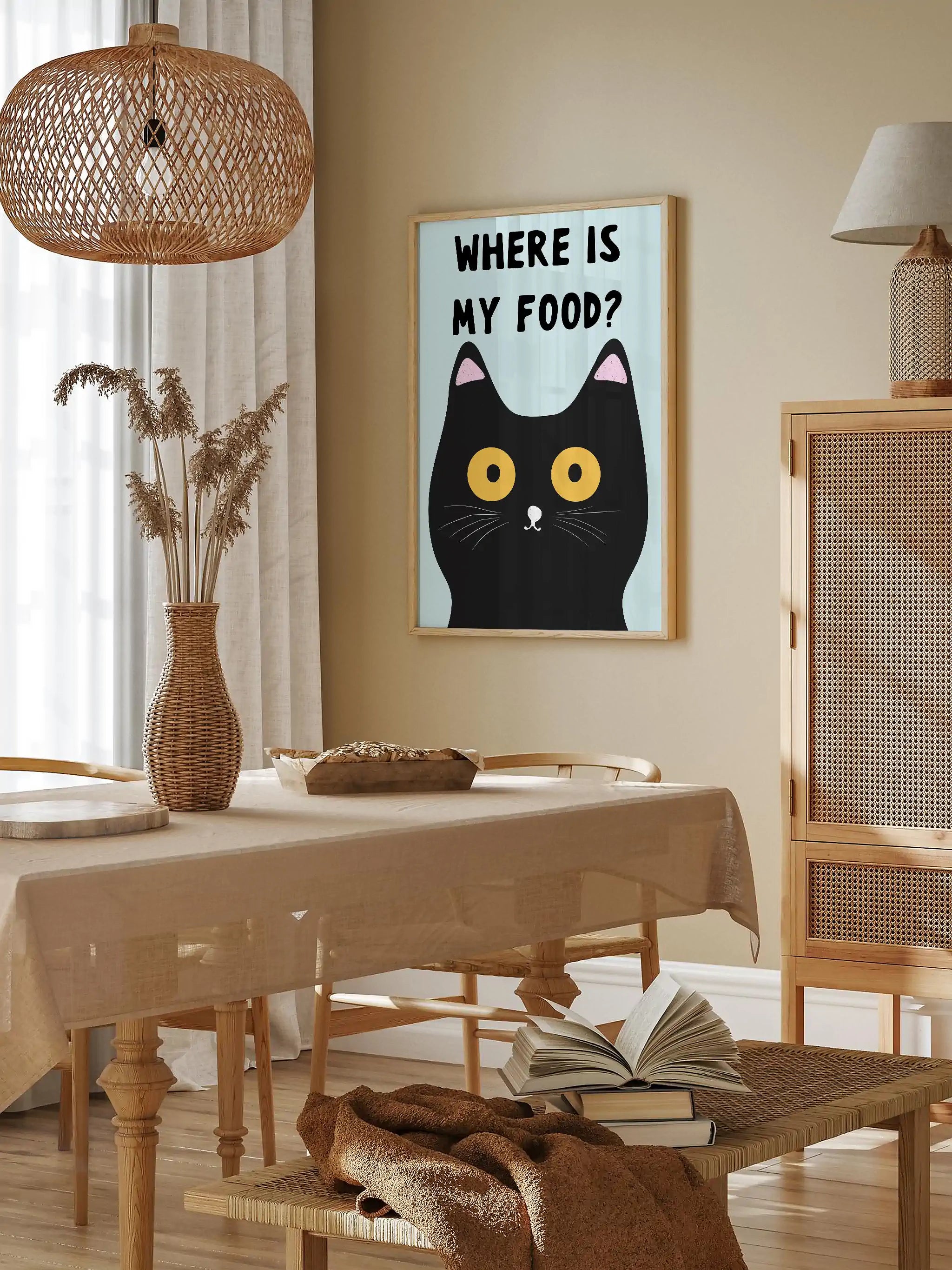 Playful and modern typography poster with a hungry black cat illustration.

