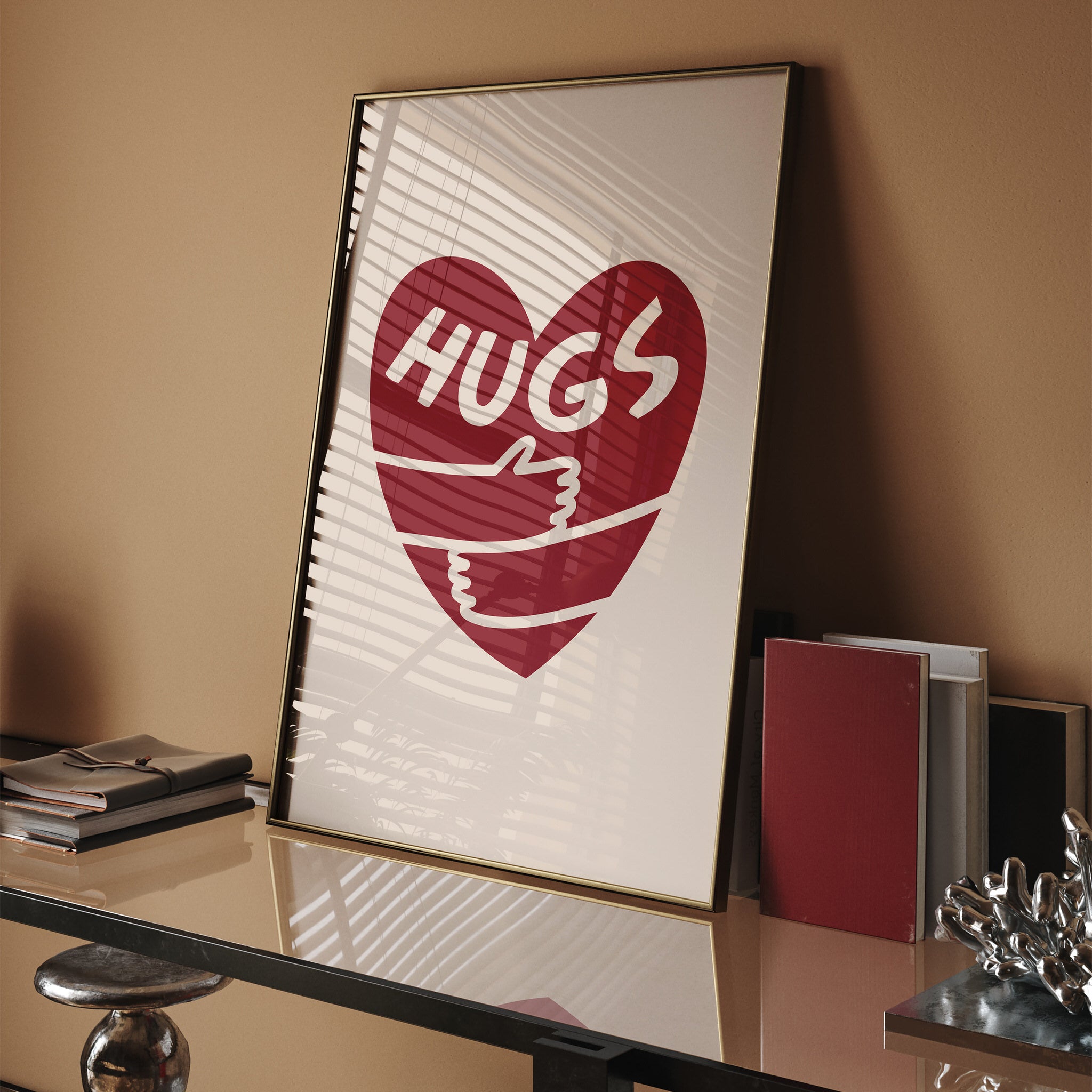 Red heart with arms and 'Hugs' text on beige background poster