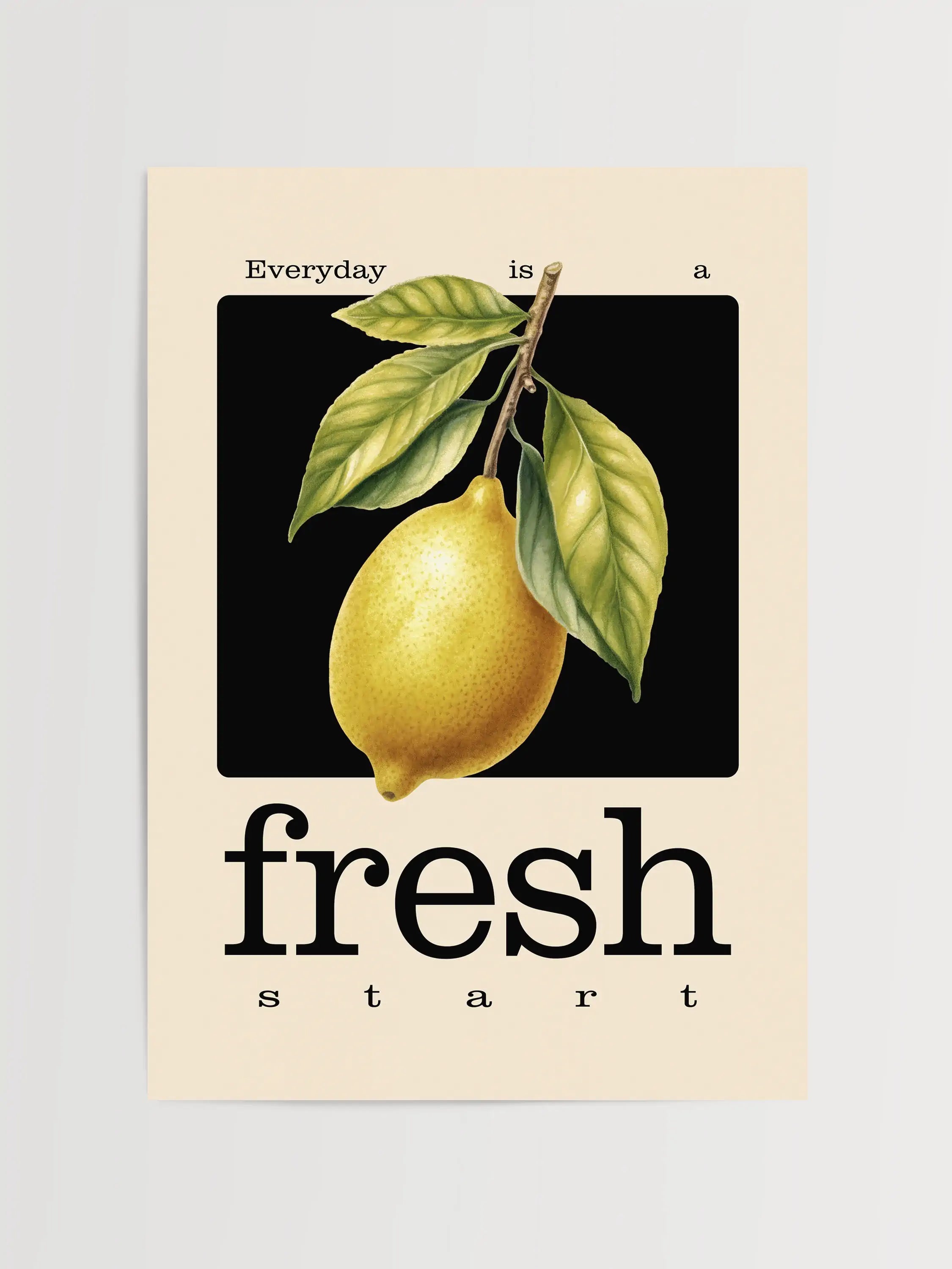 Vintage-style lemon illustration with "Everyday is a fresh start" text on a beige background.