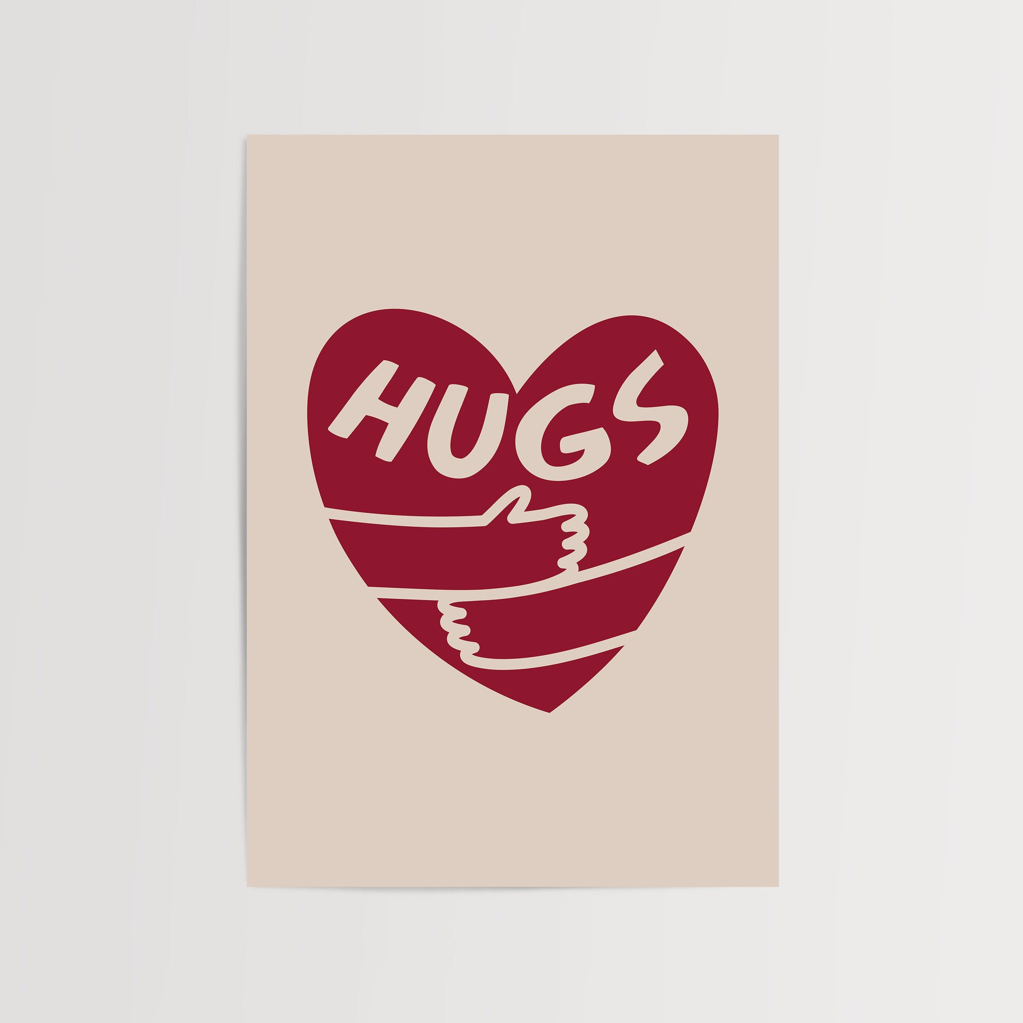 Heart-shaped hugs poster with red heart and beige background
