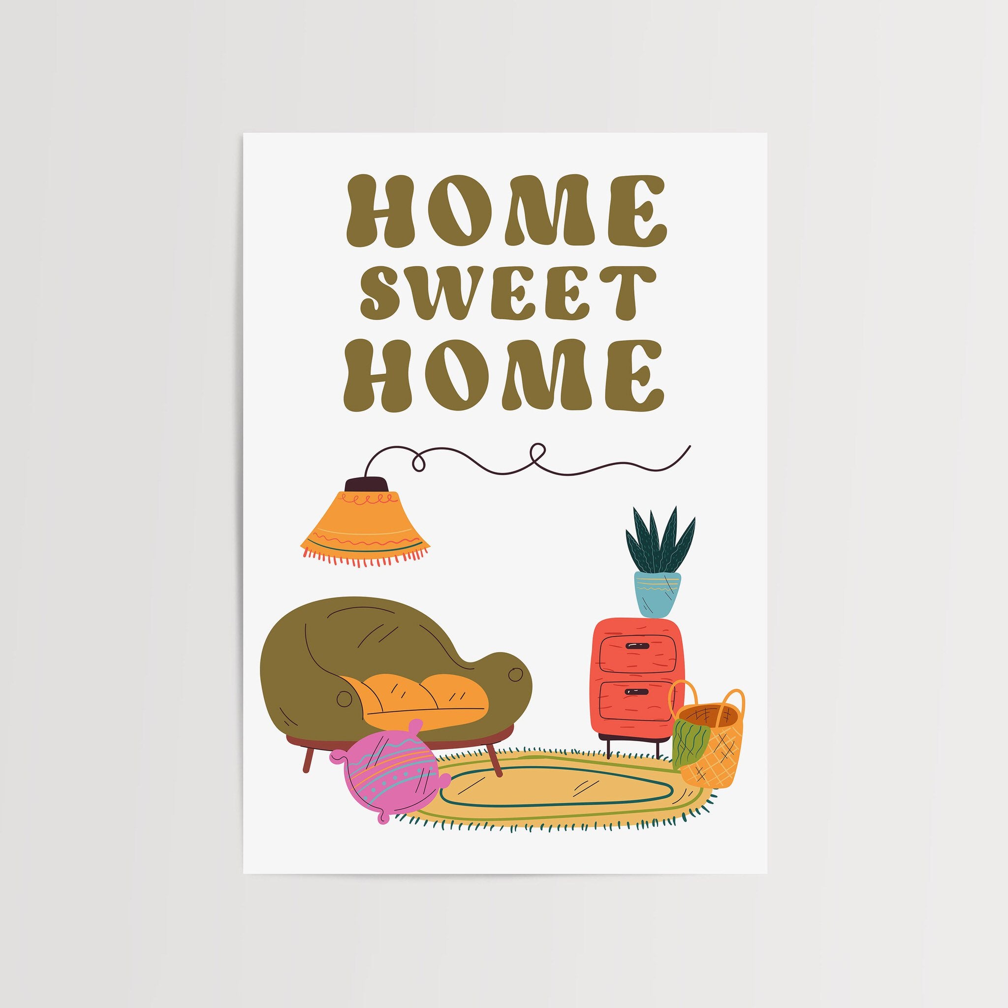 Home Sweet Home wall art poster with retro-inspired cozy decor illustration.