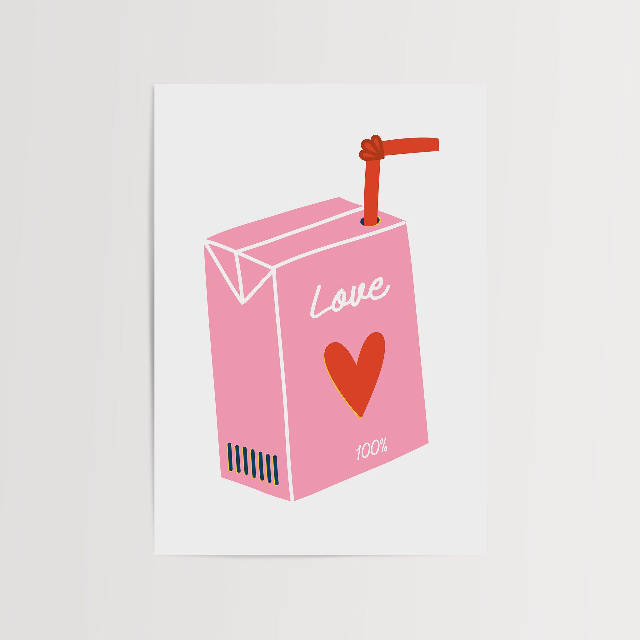 Cute love juice box wall art poster in pink and red tones.
