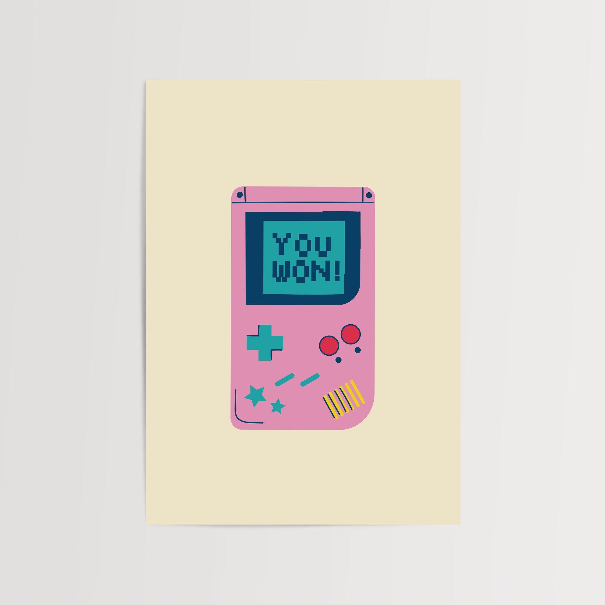Retro gaming wall art poster with a pink handheld console and You Won! message.