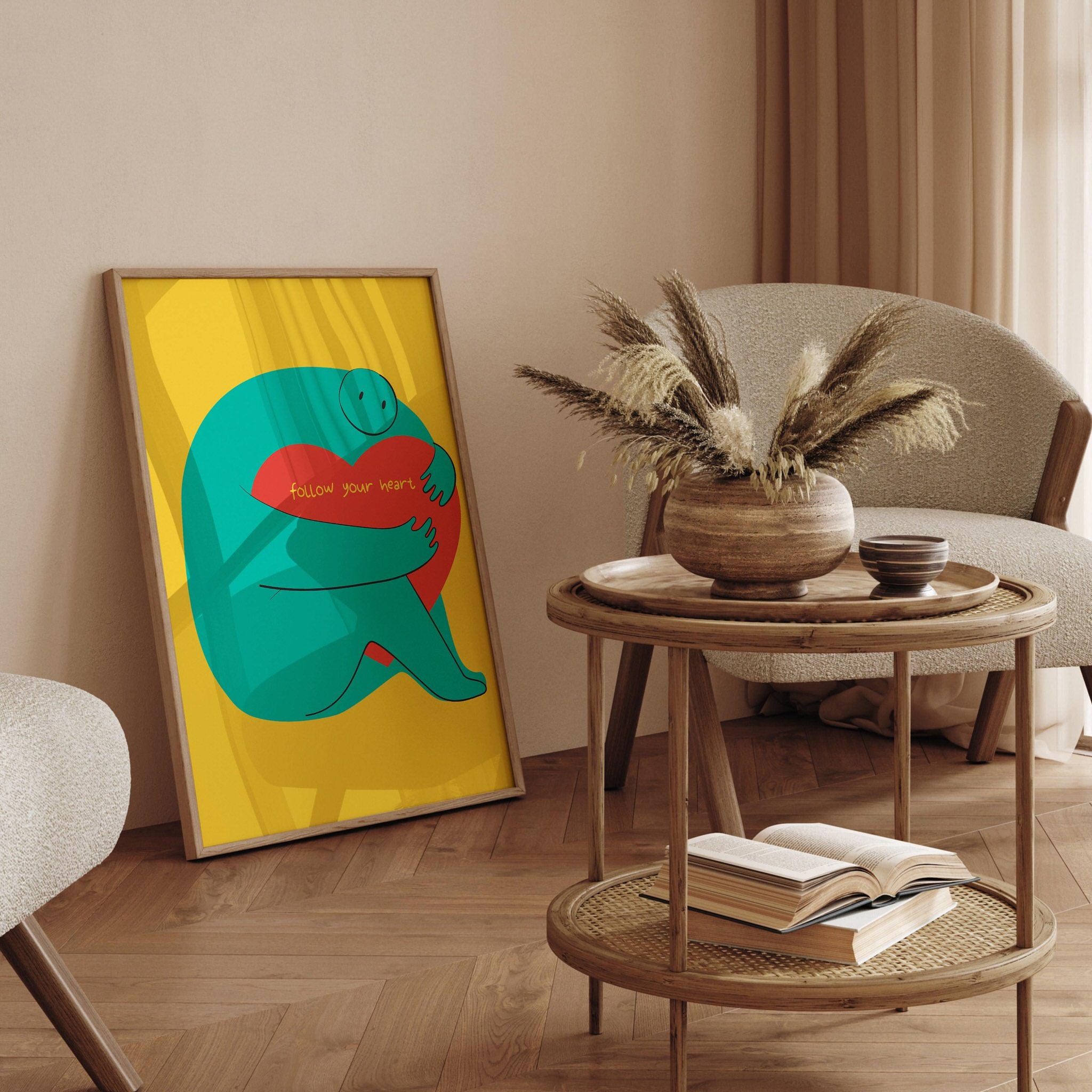 Inspirational wall art poster with a teal character and red heart for living room or dorm decor.